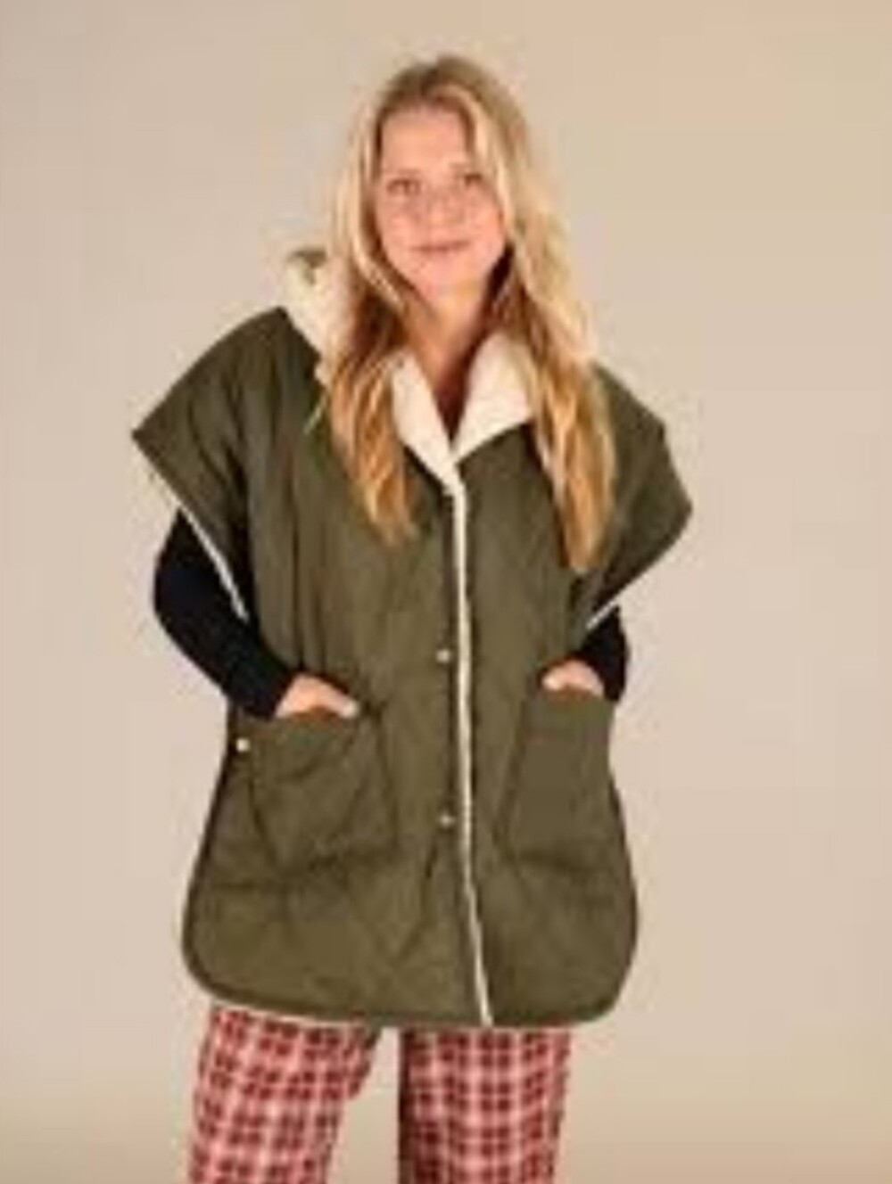 Natural Life Olive Green Quilted Nylon Sherpa Cozy Hooded Poncho Vest S/M